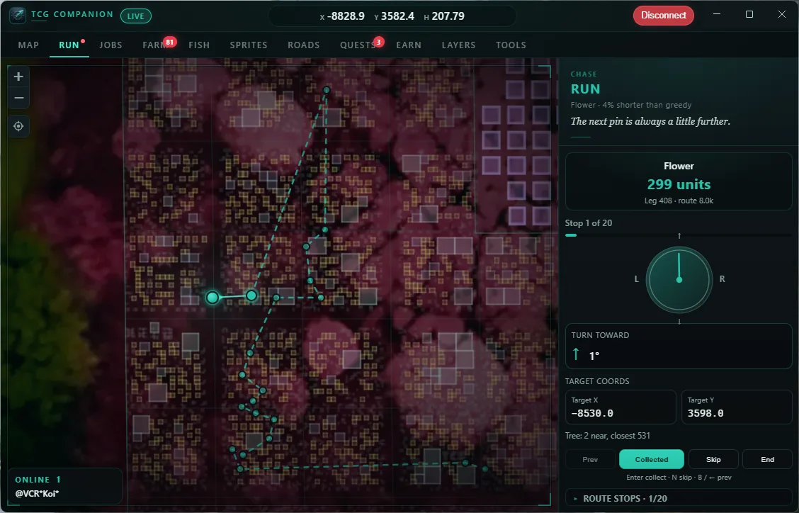 TCG Companion spawn run with a multi-stop flower route, compass, and collect controls
