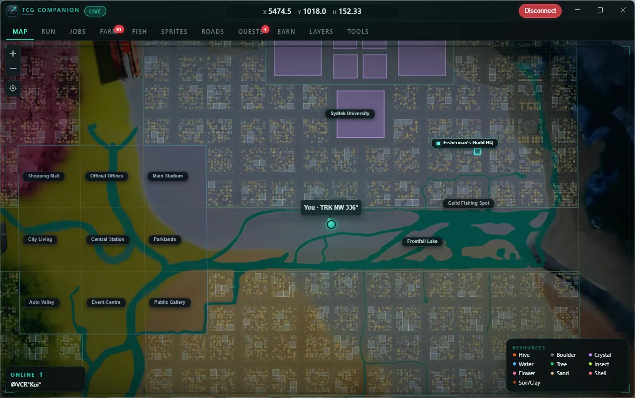 Companion land layer with world parcels, Fisherman's Guild HQ, and a live You marker